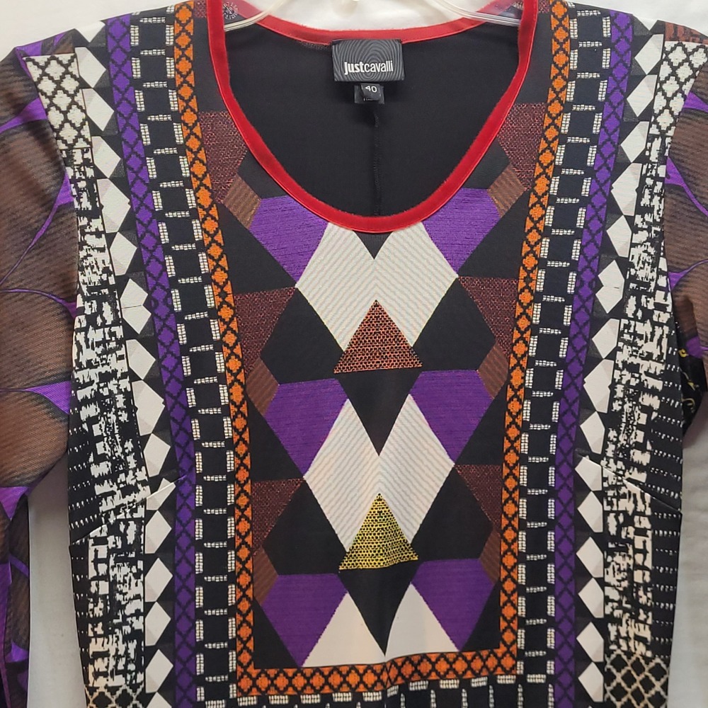 Just Cavalli Women Mixed Geometric Print Long Sleeve Dress Black Multi Size 40 - Picture 11 of 15